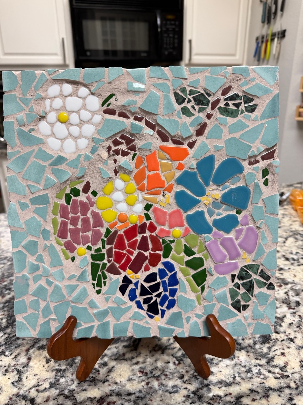 Mixed Media Floral Mosaic Wall Art - Turquoise and Multicolor